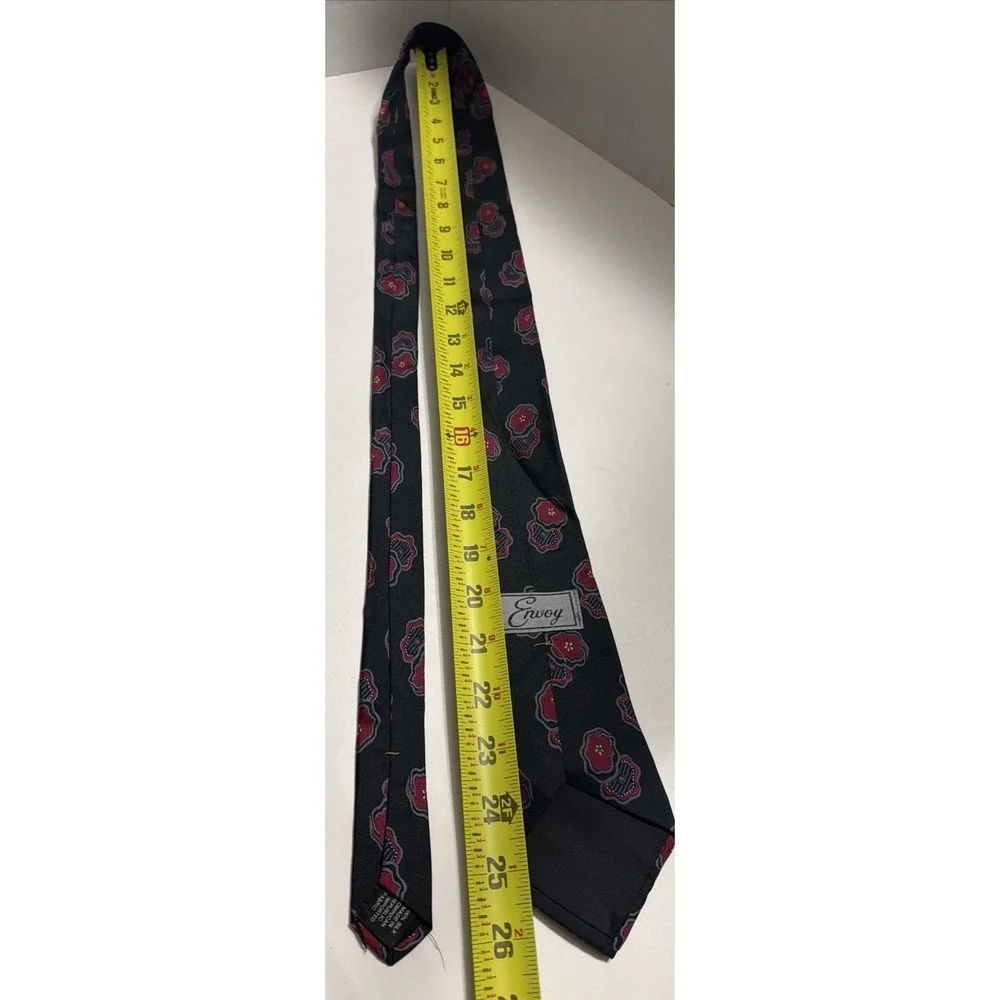Envoy Mens Silk Necktie Black Red Grey Floral Poppy Pattern Classic 56 Inch